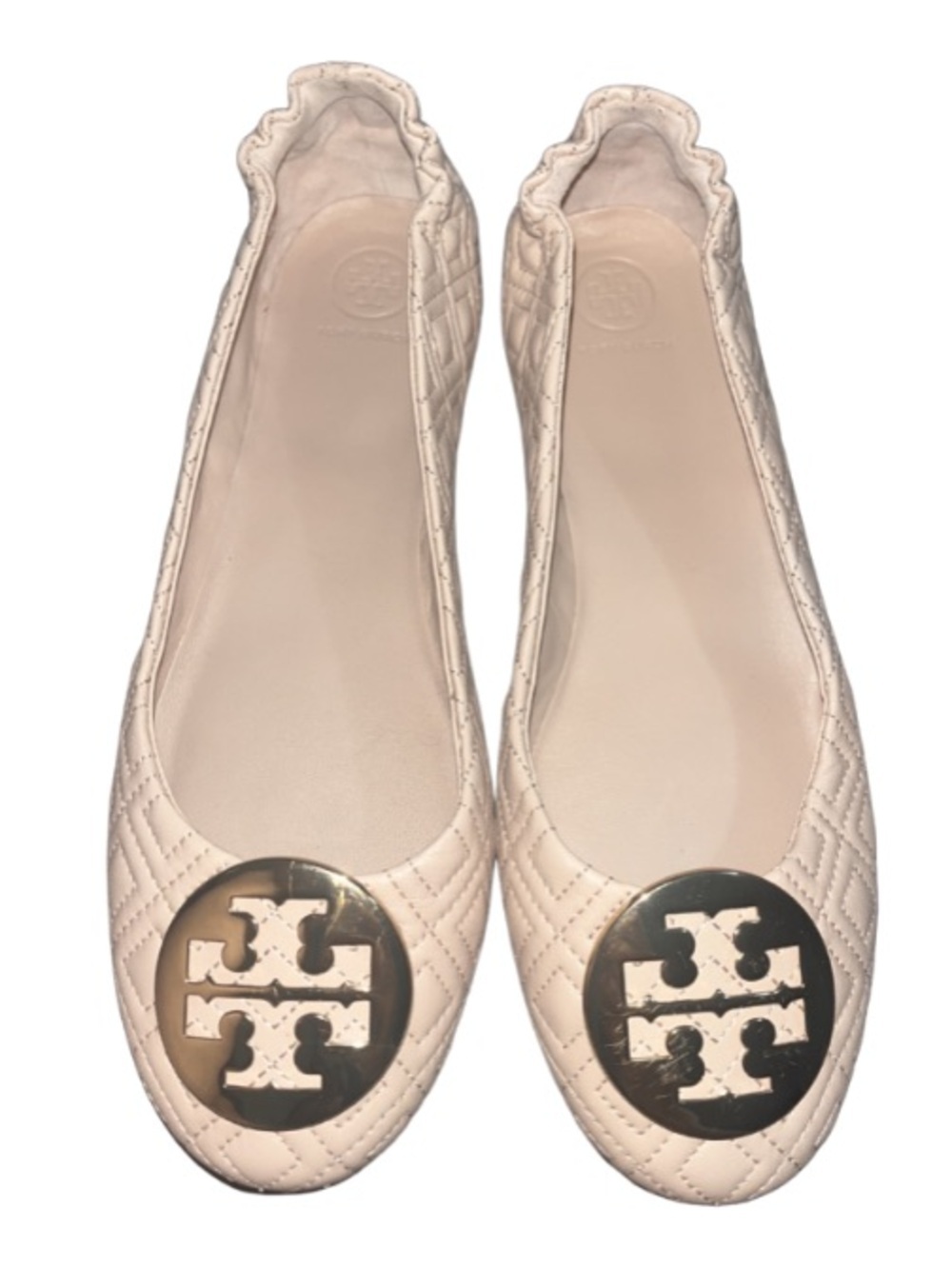 Tory Burch Minnie Quilted Ballet Travel Flats Goan Sand Pink Nude Gold Size 10M